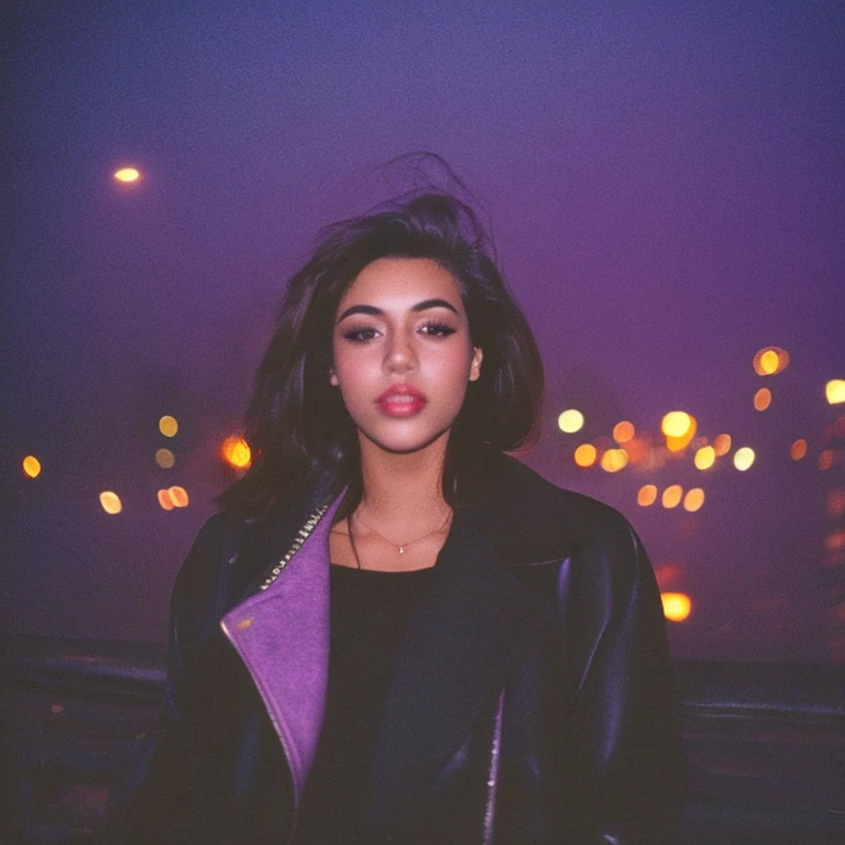 HD, high quality, city, analogic, film, nocturn, neon, lights, sexy female model, perfect face, fog, black and purple