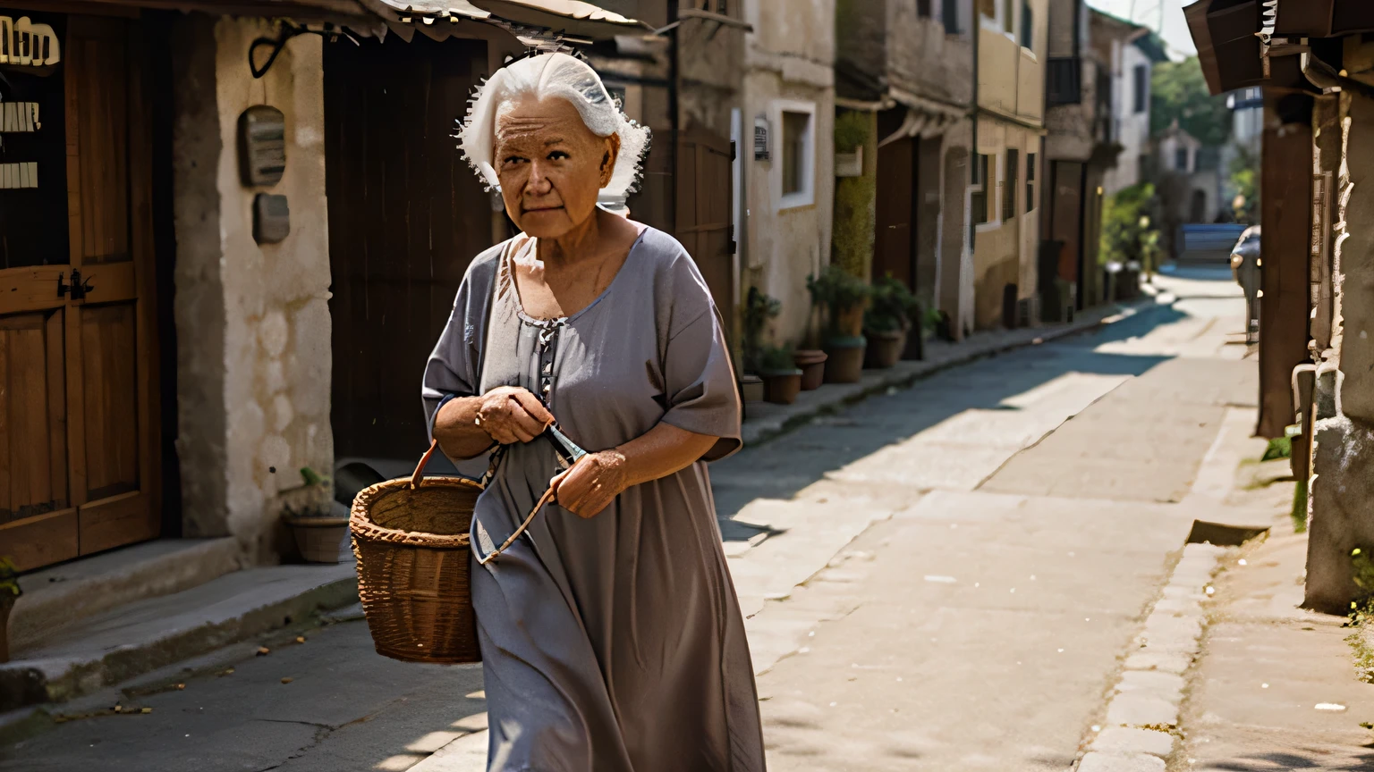 an old woman carrying a basket in the village in the morning
