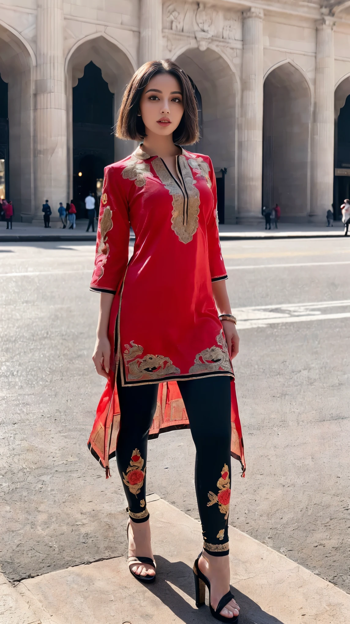 ((girl outdoor, luxurious outdoor city, luxurious place,),
(((Full body shot))), (elegant standing position), (looking at viewers, front view shots), (masterpiece, hyper realistic, hyper detailed, photoshop, photorealists), 20 years old lady, 16k, FHD, UHD, high quality pictures, extremely detailed, candid brightness, candid shots, (iconic picture shot, perfect brightness, perfect contrast, perfect colour), (pretty face, iconic face), (detailed face, detailed eye, detailed lips, detailed neck, ultra realistic face, ultra realistic eye, ultra realistic lips), (attractive hair style, hair style), (sagging perky breasts, perfect rounded breasts, attractive breasts), (attractive body figure, perfect body figure, perfect figure, curvy_figure, hourglass_figure), (embroidery High heels, fancy high heels),
(Indian goddess),
((fancy embroidery kurta), (embroidery red kurta), red iconic kurta, ruffled flared kurta, flared kurta, fancy kurta, long skinny sleeves, fancy leggings, fancy neck kurta, fancy leggings, black leggings). , ,