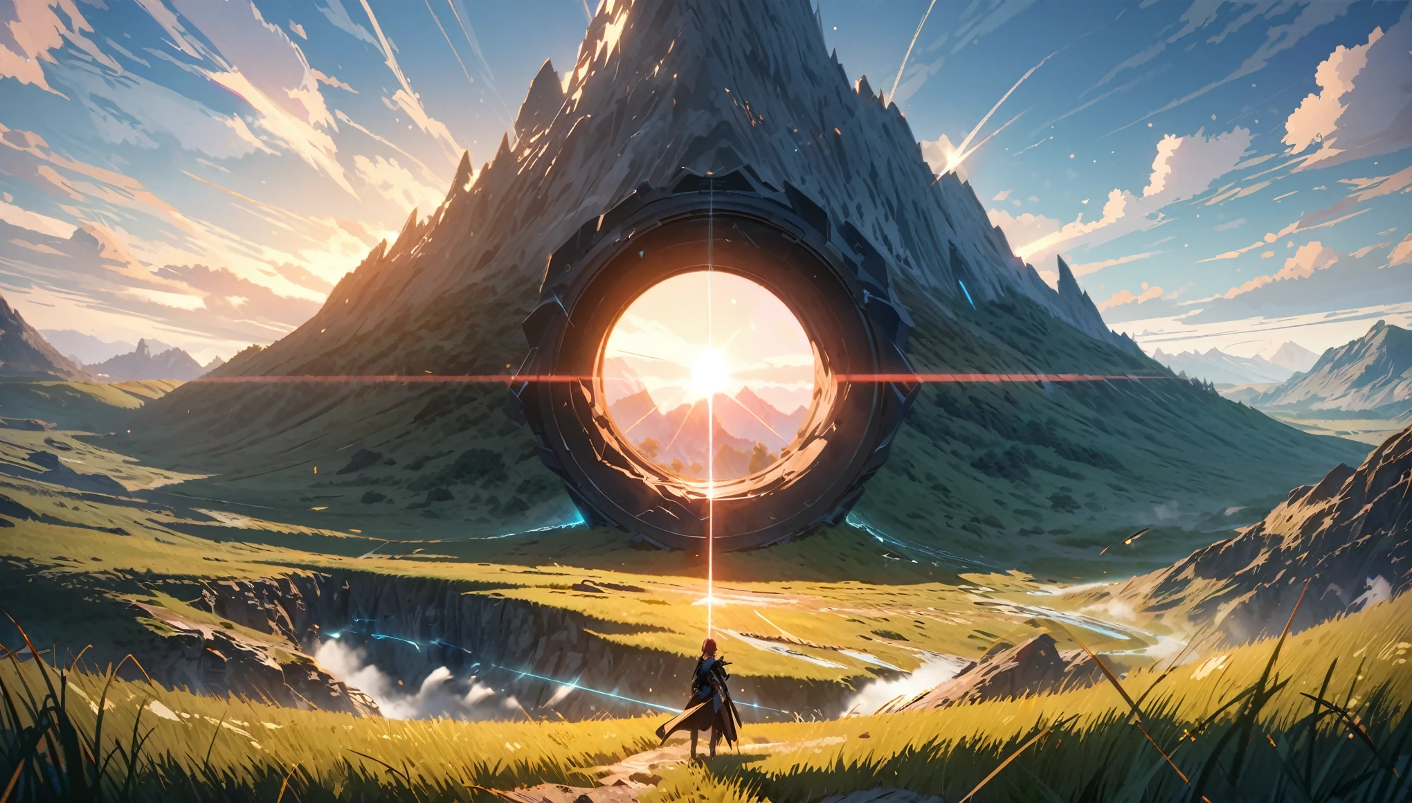 anime aestetics, fantasy landscape, mountain with even round hole, summer day, moment after explousion, shatterd stone, clear sky, epic moment, grassfield on the foreground, epic anime moment, bright sun, sun flickering, blue energy flowing in the air, dark-red smoke covering the mountain, wide shot, front view, 4k, masterpiece:1.4, best quality,4k,high resolution ultra detailed, retina