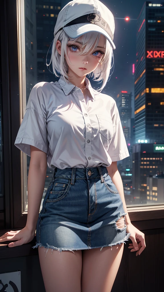 masterpiece, best quality, 4k, UHD, mishoujo, beautiful eyes and detailed face, illustration, beautiful detailed, high resolution illustration, glowing_white_particles, 1girl, white hair, light purple eye, hair over one eye, short side tail, baseball cap, expressionless, black denim shirt and denim mini skirt, morning cyberpunk city, standing by the window sill