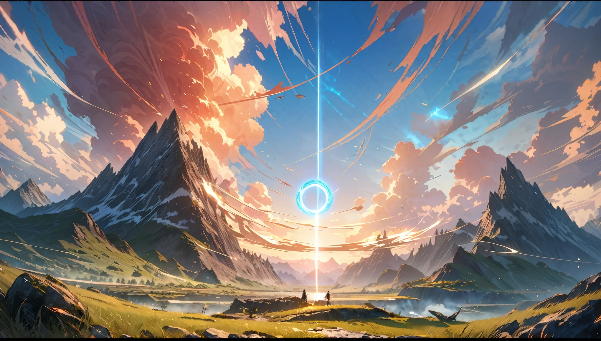 anime aestetics, fantasy landscape, mountain with even round hole, summer day, moment after explousion, shatterd stone, clear sky, epic moment, grassfield on the foreground, epic anime moment, bright sun, sun flickering, blue energy flowing in the air, dark-red smoke covering the mountain, wide shot, front view, 4k, masterpiece:1.4, best quality,4k,high resolution ultra detailed, retina