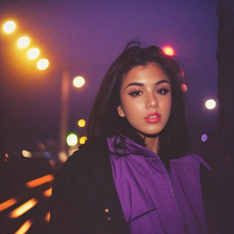 HD, high quality, city, analogic, film, nocturn, neon, lights, sexy female model, perfect face, fog, black and purple