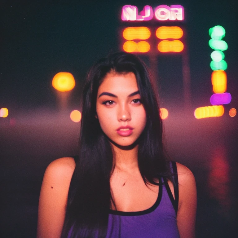HD, high quality, city, analogic, film, nocturn, neon, lights, sexy female model, perfect face, fog, black and purple