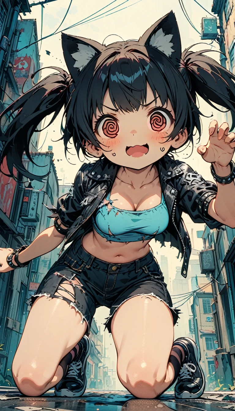 2d,solo,1female\(cute,kawaii,age of 12,(evil smile),floating hair,(black hair:1),(long twin tails hair),pale skin,skin color blue,red eyes,eyes shining,(big eyes),(ripped clothes:1.5),tight tube top,(breast:1.4),tight hot pants,(stomach shown:0.6),(punk fashion:1.4),(ripped black short jacket:1.4),fluffy black cat-ear,(dynamic pose:1.4),(cute pose),better hands,Perfect Hands,full body,(bright @_@:1.8)\), BREAK ,background\(outside,noisy city,backstreet,narrow street,(dark:2.0),neon lights\),[chibi:1.4],[nsfw:2.0],quality\(8k,wallpaper of extremely detailed CG unit, ​masterpiece,hight resolution,top-quality,top-quality real texture skin,hyper realisitic,increase the resolution,RAW photos,best qualtiy,highly detailed,the wallpaper/),(close up:1.0),from below,[nsfw:0.8],