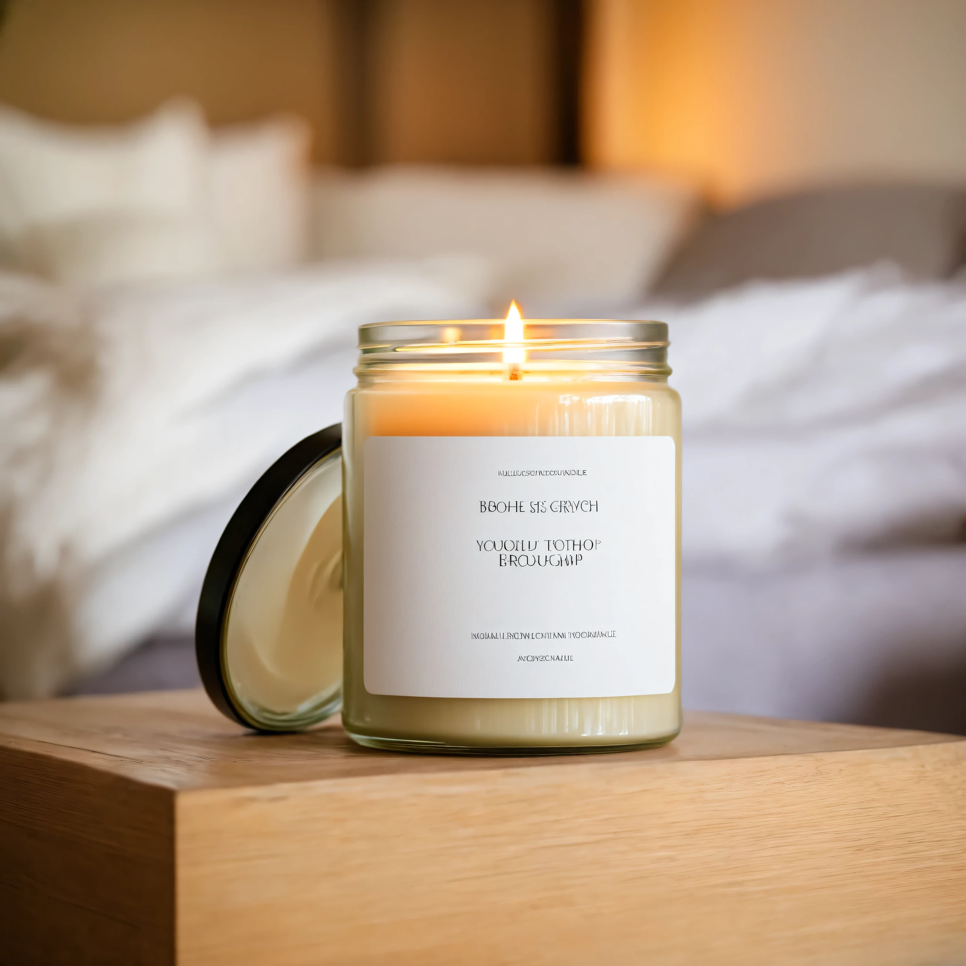 small beige candle in a jar with white label and black lid, standing on a table with cosy boho bedroom in defocused background, daylight, professional photography, a7s 50mm macro lens