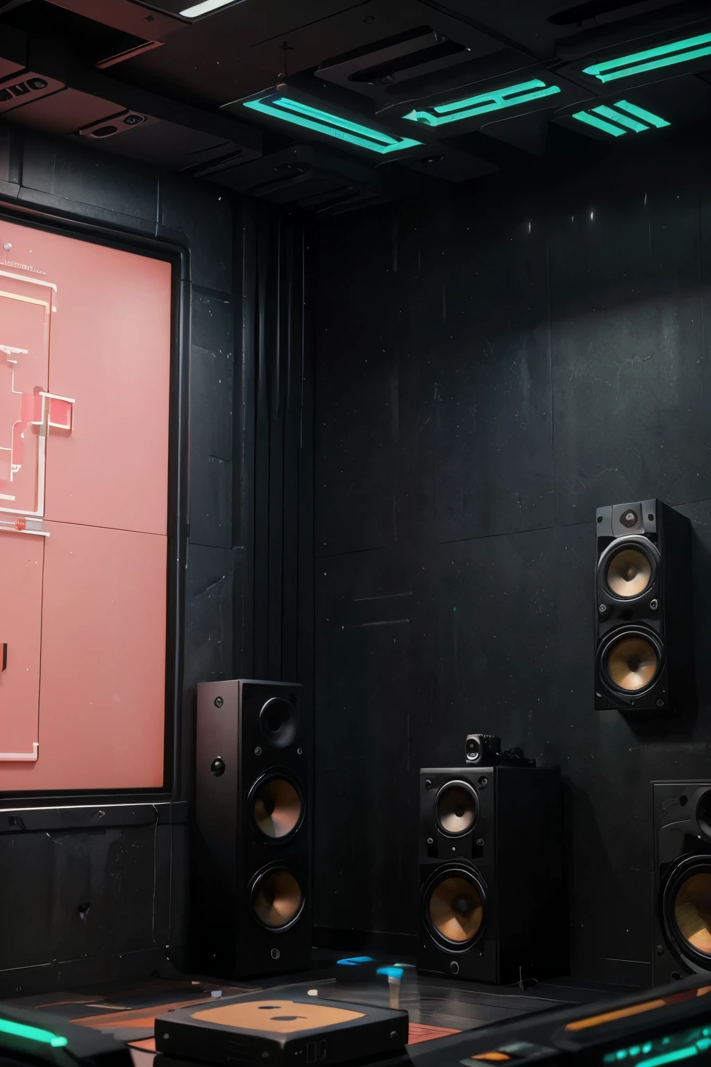 CG Station、(((Alto-falante enorme em segundo plano)))、(((All the walls are speakers)))、(tudo colorido estilo cyberpunk )