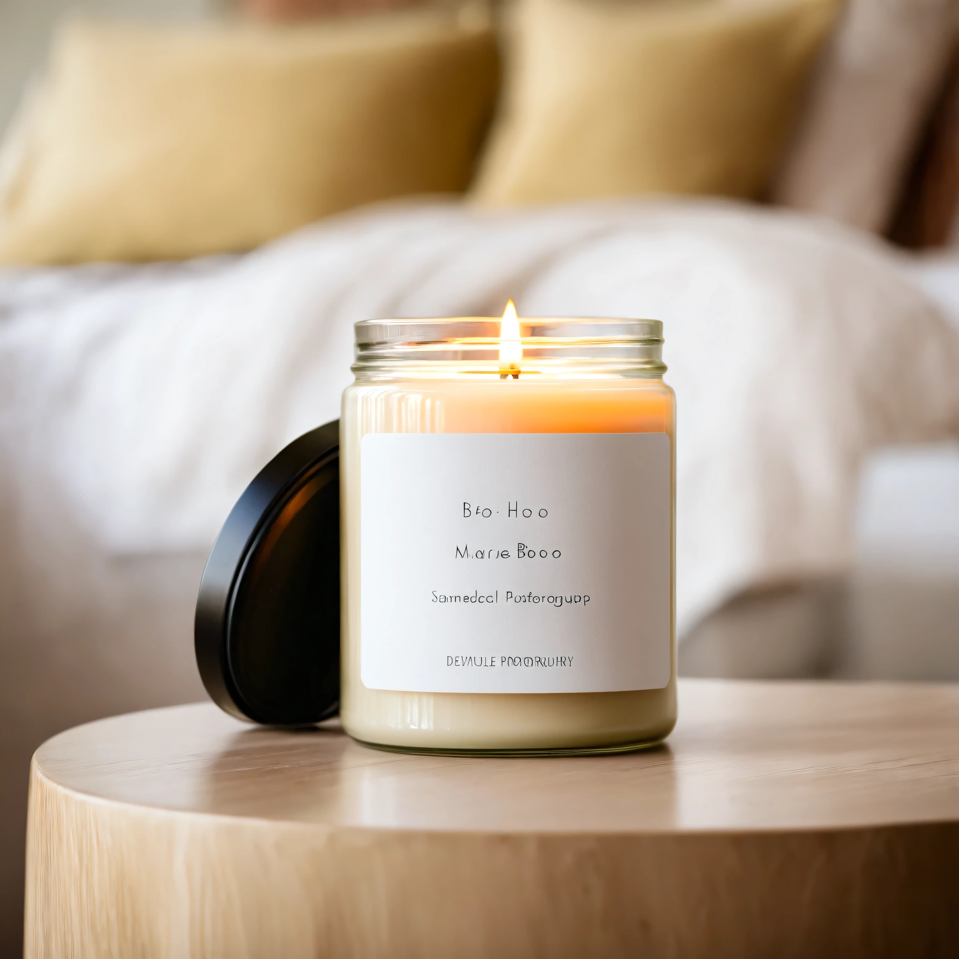 small beige candle in a jar with white label and black lid, standing on a table with cosy boho bedroom in defocused background, daylight, professional photography, a7s 50mm macro lens
