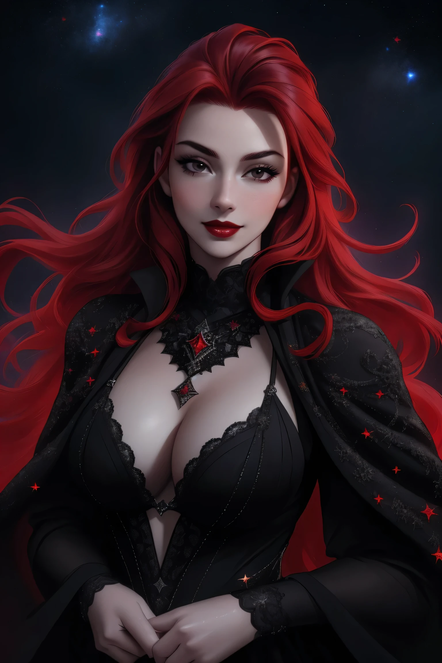 (Masterpiece - Ultra-Detailed, High Resolution)  ((vivid red hair)), mature woman, 30 years old, diamond face, red starry sky background, depth of field, magic, big red lips, ((dark and black eyes)) black and red long and full dress, covered chest, mystical atmosphere, ominous shadows, Intense blue aura, Intense red aura (best quality:1.2), absurdres, intricate details, (highly detailed skin:1.2), smile expression, posing, taut and well defined body, attractive. Highly realistic, white skin, beautiful, hyperrealism, skin very elaborated, direct gaze.