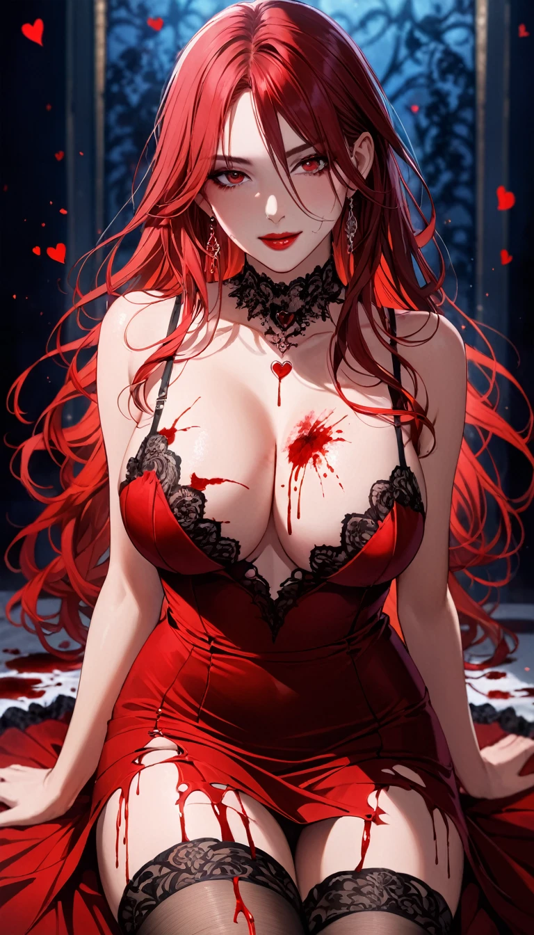 best quality,masterpiece, an extremely delicate and beautiful, CG,extremely detailed ,highres, extremely detailed,depth of field, 1girl,beautiful detailed girl,(Blood red hair),long_hair, beautiful detailed red eyes,(makeup:1.2),Red lips,light on face,(seductive smile:1.2),big breasts,(thigh),Torn pantyhose,red torn dress,(full body blood),Heart tattoo on breasts,Bleeding wounds,Bleeding from knife wounds,(cowboy shot:1.2)