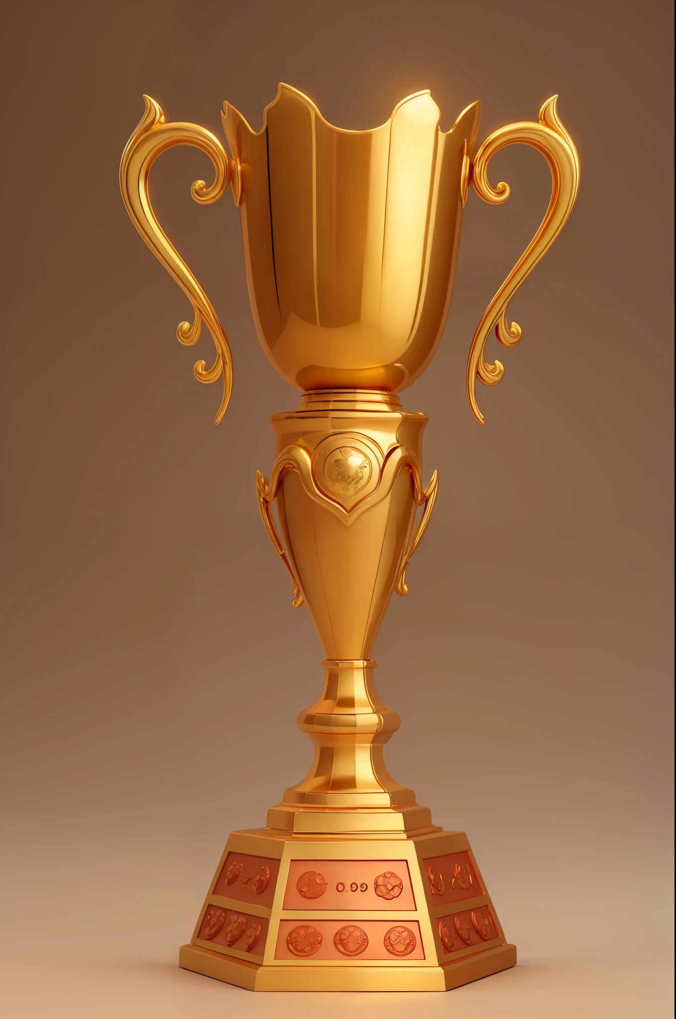 A golden trophy shining brightly, with exquisite and glorious details, showcasing a rich texture and a noble elegance. The trophy reflects a mix of light and shadows, exuding an artistic flair in its realistic 3D rendering.