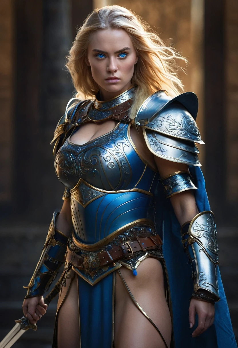 (best quality,4k,highres,masterpiece:1.2),ultra-detailed,realistic:1.37,portrait,Dark Ages warrior,blond with long legs and busty,foreboding atmosphere,elaborately designed armor,strong and confident stance,piercing blue eyes,flowing golden locks,minimalist background,moody lighting,subtle shadows,subdued color palette