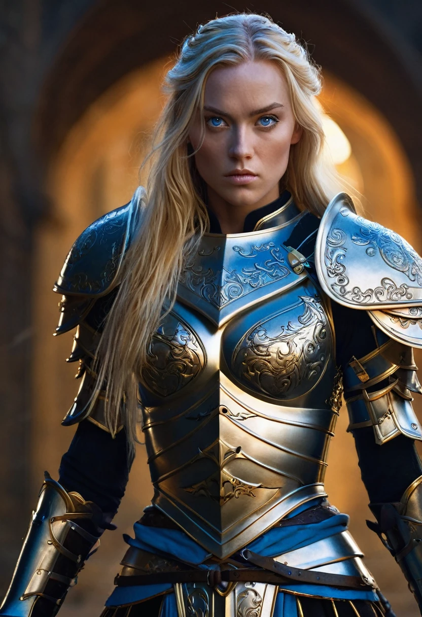 (best quality,4k,highres,masterpiece:1.2),ultra-detailed,realistic:1.37,portrait,Dark Ages warrior,blond with long legs and busty,foreboding atmosphere,elaborately designed armor,strong and confident stance,piercing blue eyes,flowing golden locks,minimalist background,moody lighting,subtle shadows,subdued color palette