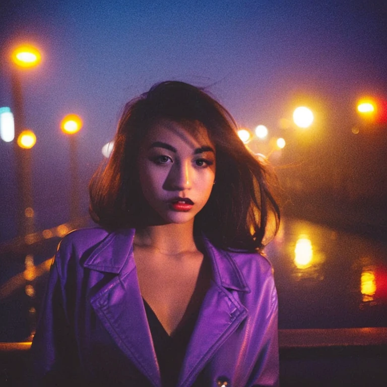 HD, high quality, city, analogic, film, nocturn, neon, lights, sexy female model, perfect face, fog, black and purple