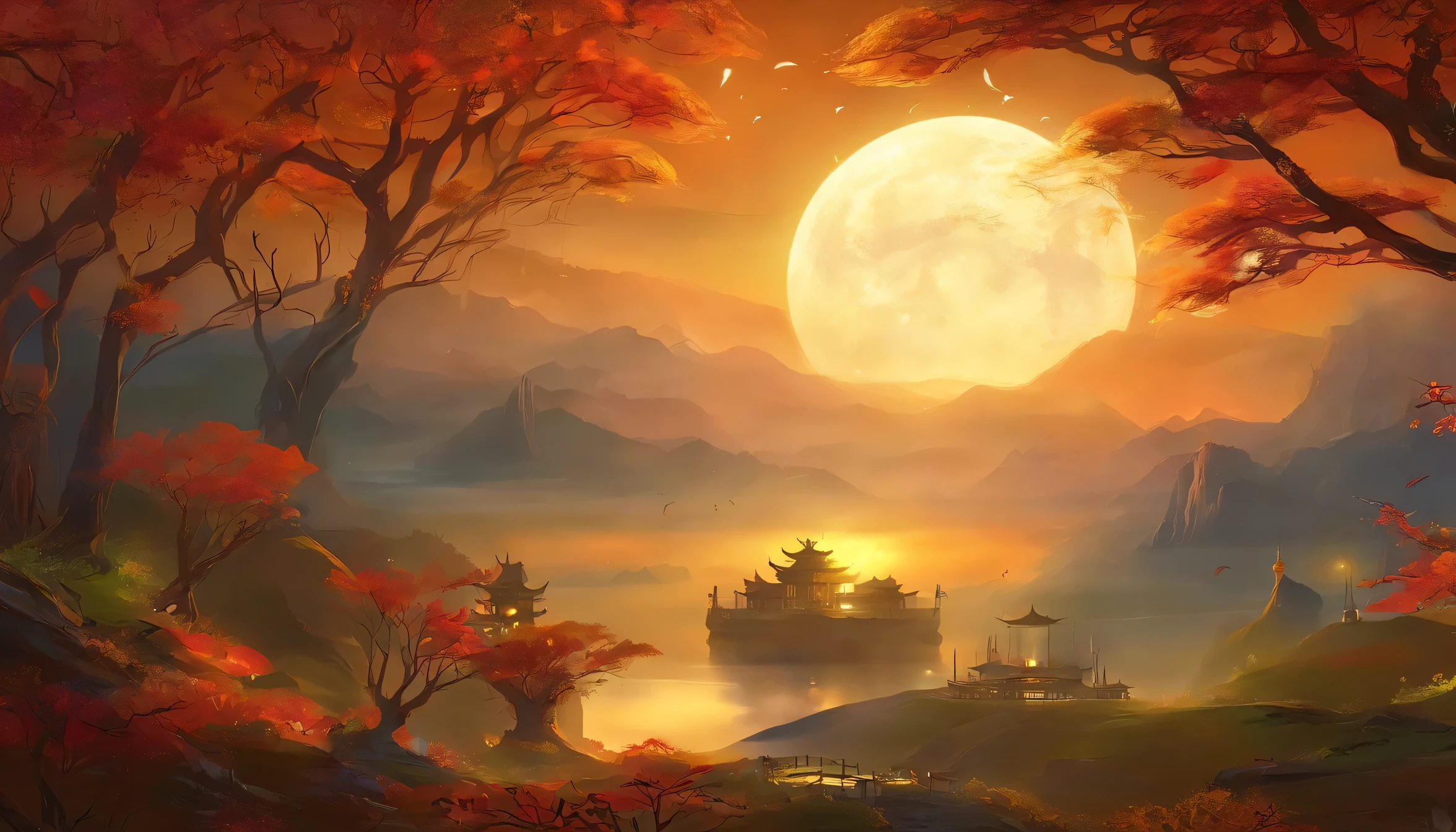 Mid Autumn Festival, full moon, night, moon cake, tea, Hyper HD, retina, masterpiece, Accurate, Super Detail, Attention to detail, high quality, 最high quality, High resolution, 16k