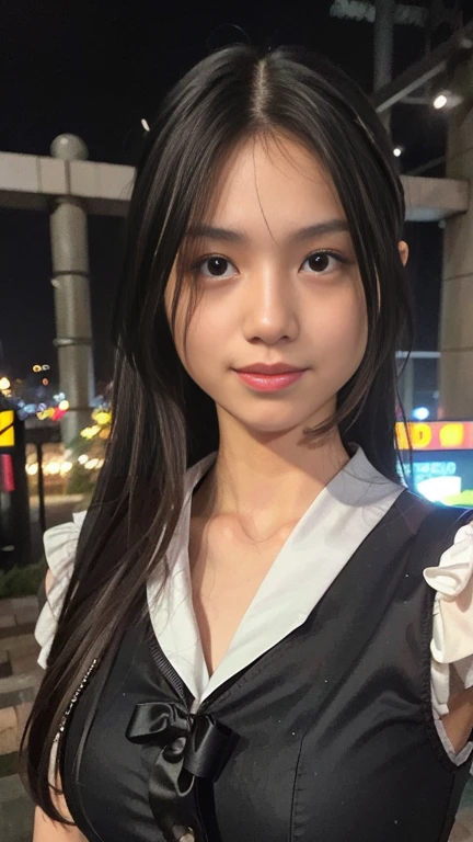 best quality, ultra high res, (photorealistic:1.4), 1girl, the girl wearing black sailor uniform, long hair, night, city scape background, city light, cinematic lighting, 80mm camera, zoom to face, detailed face , looking at viewer, front view