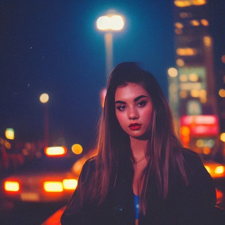 HD, high quality, city, analogic, film, nocturn, neon, lights, sexy female model, perfect face, fog, black and purple lighting
