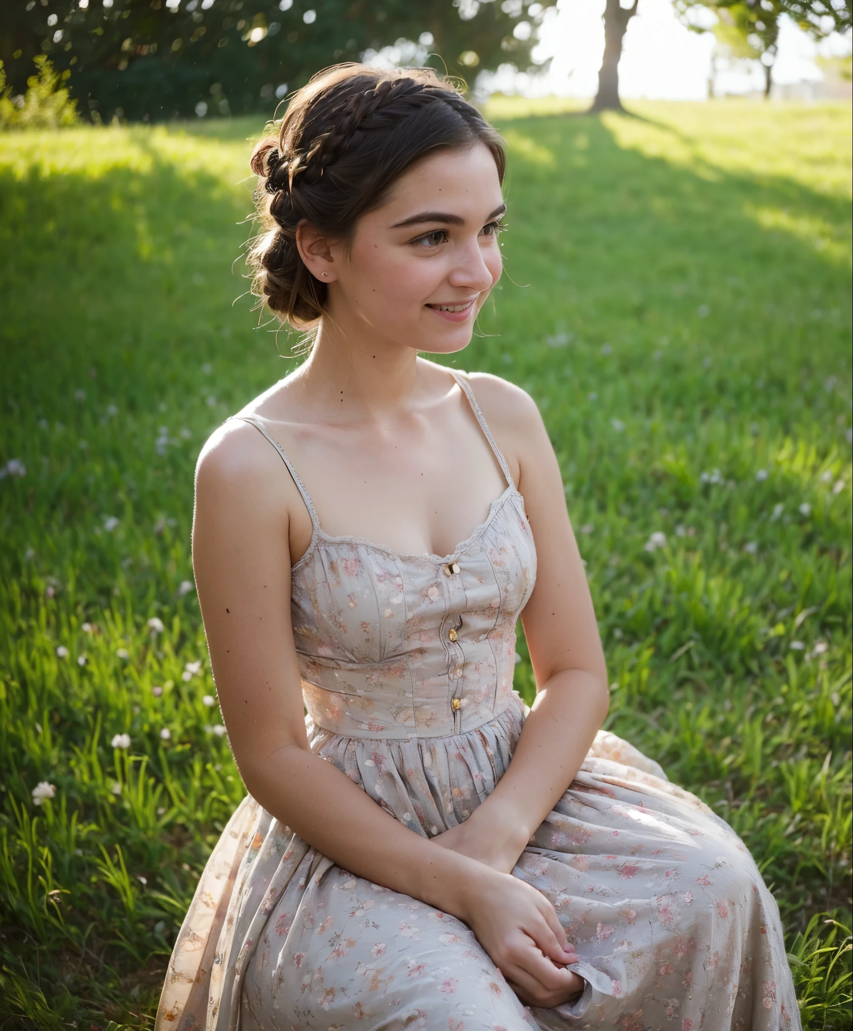 (Photorealistic:1.9), (18th century in France), Beautiful French girl wearing 18th century dress, detailed lace and ruffles, intricate floral patterns, pastel color palette, delicate accessories, elegant sitting posture, charming smile, soft natural lighting, lush garden background, blooming flowers, birds flying in the sky, gold trimmings on the dress, elaborate hairstyle with ribbons, well-defined facial features, sparkling eyes, rosy cheeks.