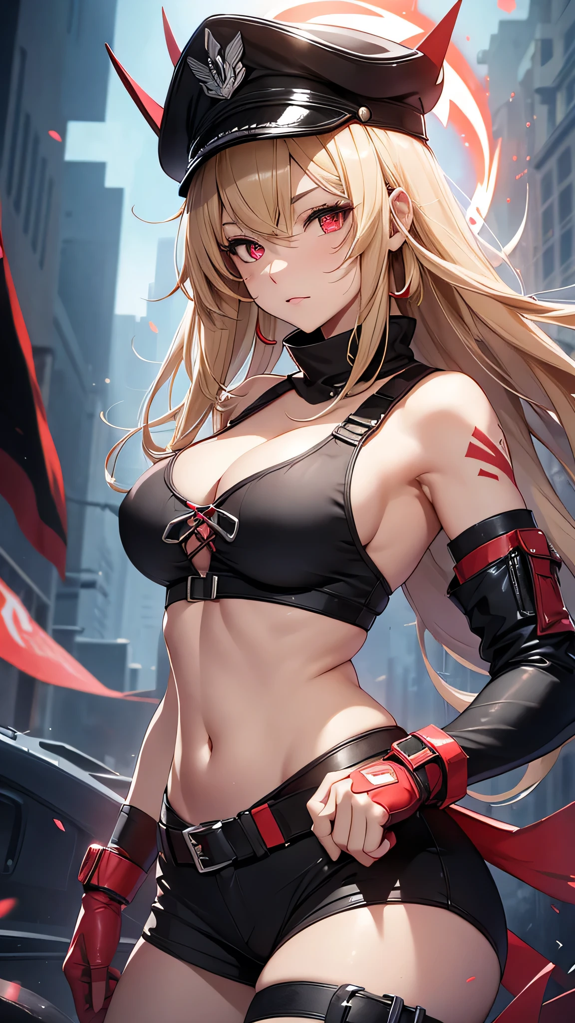 最high quality、Best image quality、masterpiece、girl((Age 25、 By becoming、Best Bust、Medium Bust,Wide open breast tea、Red glowing eyes,Blonde、Red Mesh、Disheveled Hair、Lointail、thin,The highest valley、Open chest、Luminous Wristbands、hair ornaments、Show the whole body,Black tank top、Red Bandana、Shortuscular、revolver、scar、Military Cap、Shooting Pose、Full body scar、Fighting Pose)),high quality、Beautiful art、background((Photography room))、Flight、Flying debris、Written boundary depth、movie、Visual Arts、Perfect art、8K,Genuine,