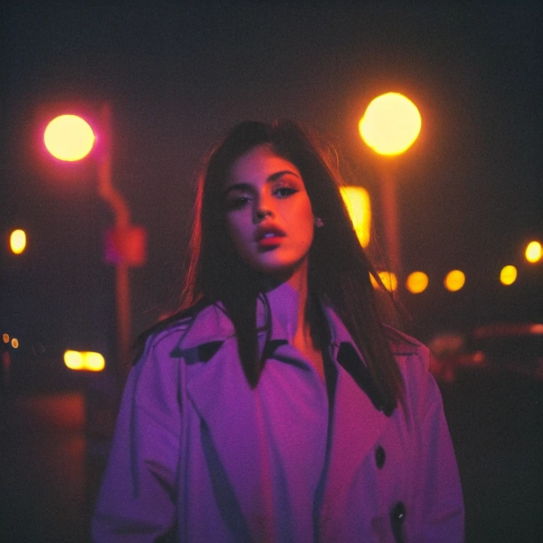 HD, high quality, city, analogic, film, nocturn, neon, lights, sexy female model, perfect face, fog, black and purple lighting
