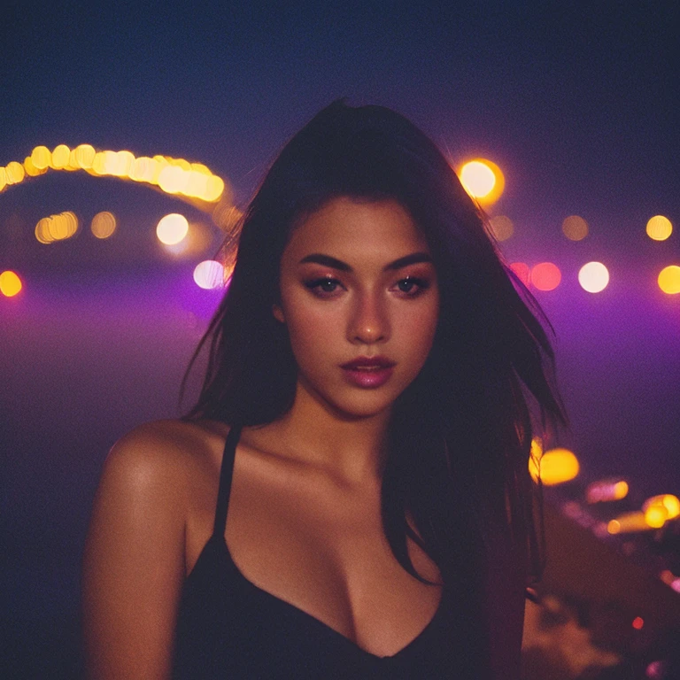 HD, high quality, city, analogic, film, nocturn, neon, lights, sexy female model, perfect face, fog, black and purple lighting