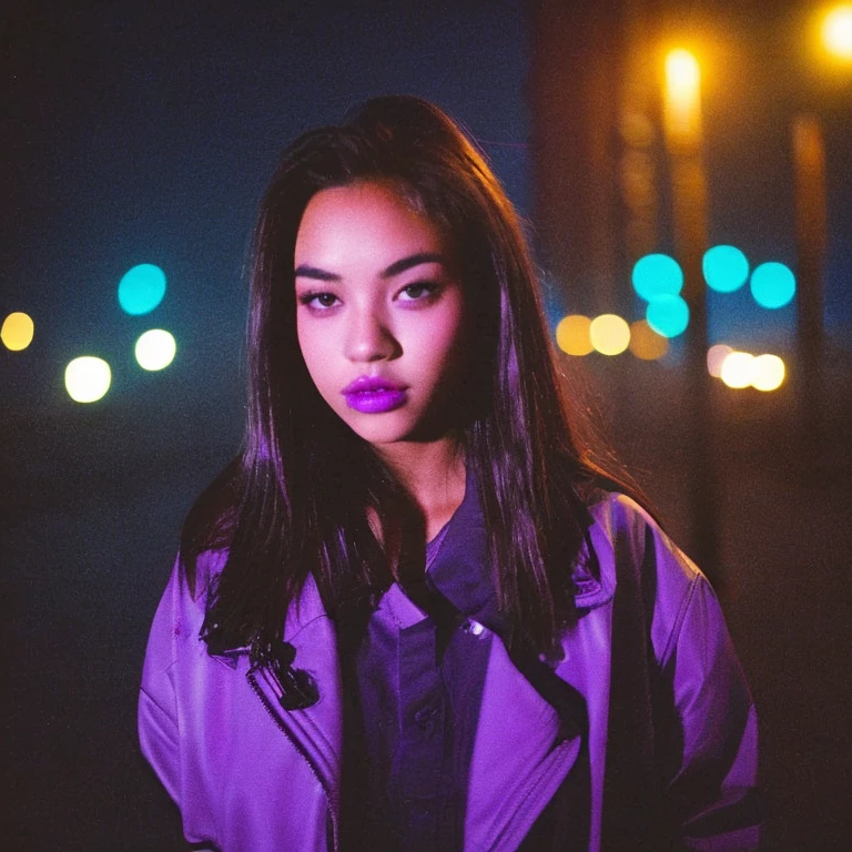 HD, high quality, city, analogic, film, nocturn, neon, lights, sexy female model, perfect face, fog, black and purple