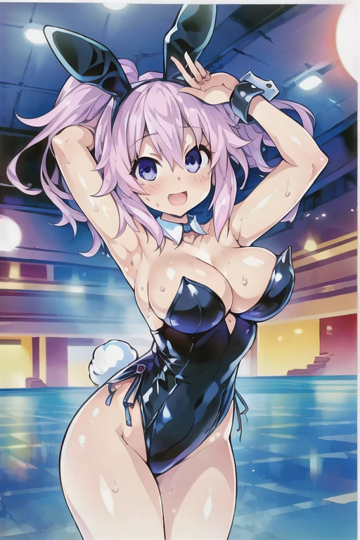 (((masterpiece))), ((highest quality)), ((Very detailed)), ((High resolution)), ((8k)), ((Anatomically correct)), One Woman, , Short Hair, (he is short), Very cute woman, delicate, Charming smile, Light pink hair, Lilac eyes, Bright Eyes, Big Eyes, Best moment, Vivid eyes, Beautiful Skin, Cute face, delicateな腕, Detailed skin texture, Intricate details, Very detailedな顔, Beautiful Eyes, Beautiful curves, View your viewers, Beautiful thighs, Sweating, Casino venue at night, Looking up, Open your mouth, blush, Date with a lover, Wink with your right eye, A big smile, Beautiful standing posture, Model standing, ((Bunny girl)), (Fake rabbit ears head dress), (Lower both arms),