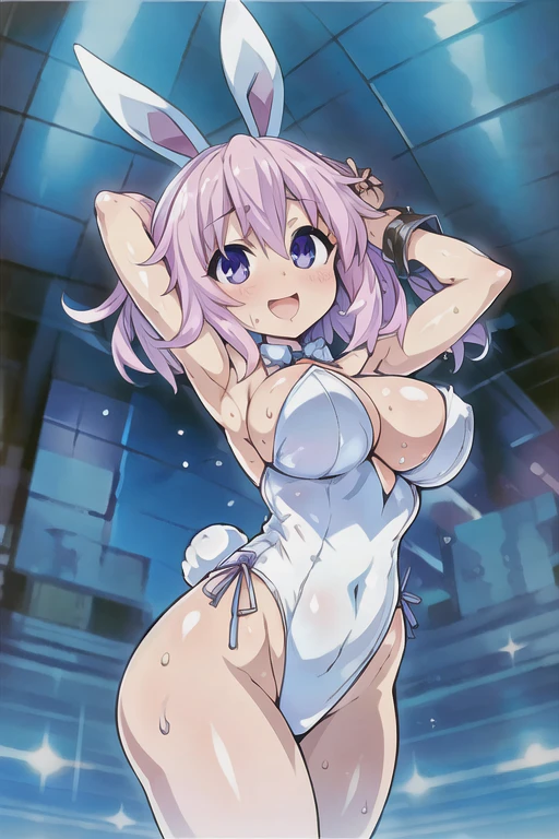 (((masterpiece))), ((highest quality)), ((Very detailed)), ((High resolution)), ((8k)), ((Anatomically correct)), One Woman, Big Breasts, Short Hair, (he is short), Very cute woman, delicate, Charming smile, Light pink hair, Lilac eyes, Bright Eyes, Big Eyes, Best moment, Vivid eyes, Beautiful Skin, Cute face, delicateな腕, Detailed skin texture, Intricate details, Very detailedな顔, Beautiful Eyes, Beautiful curves, View your viewers, Beautiful thighs, Sweating, Casino venue at night, Looking up, Open your mouth, blush, Date with a lover, Wink with your right eye, A big smile, Beautiful standing posture, Model standing, ((Bunny girl)), (Fake rabbit ears head dress), (Lower both arms),
