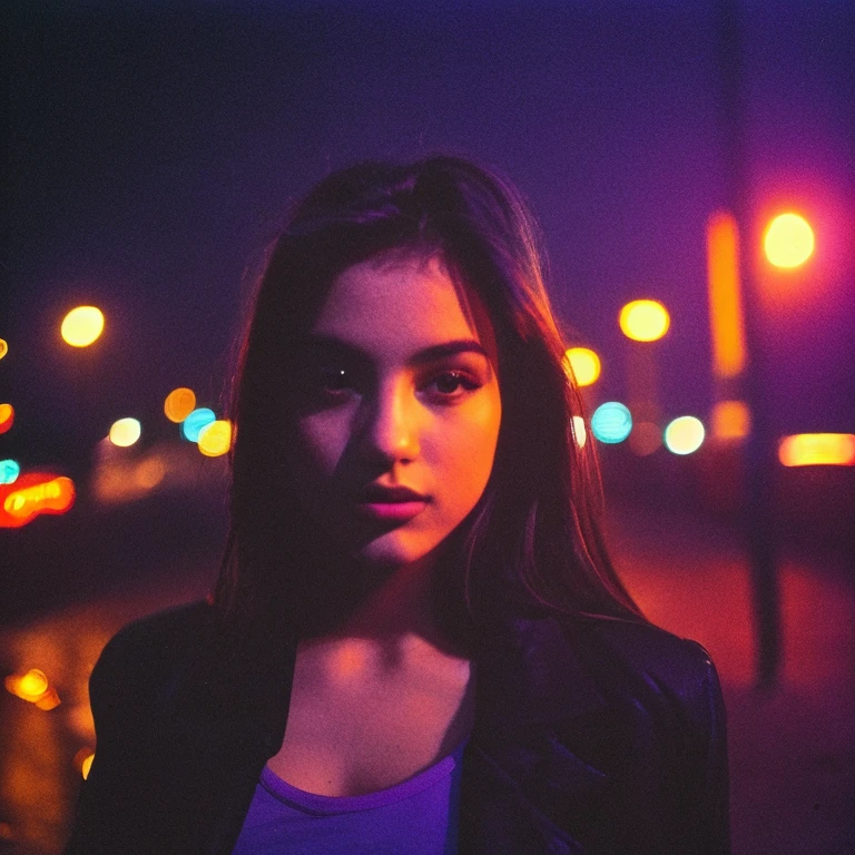 HD, high quality, city, analogic, film, nocturn, neon, lights, sexy female model, perfect face, fog, black and purple lighting