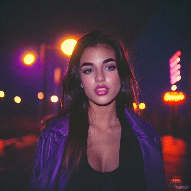 HD, high quality, city, analogic, film, nocturn, neon, lights, sexy female model, perfect face, fog, black and purple lighting