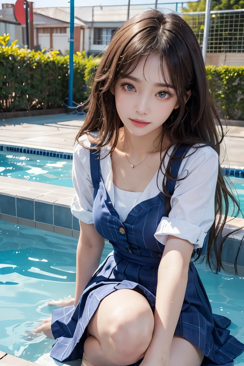 ((highest quality、8K、masterpiece:1.3))、standing、Sharp focus:1.2、(Realistic、Photorealistic:1.37)、Laughter、Woman with beautiful face、28 years old、Pointed Chest、Long eyelashes、Colored Contact Lenses、big 、Delicate、Very fine grain、Highly detailed eyebrows、(Sharp eyebrows)、(Thin eyebrows).Highly detailed face、(Brunette messy hair:1.3、From below、Detailed Background(8K、masterpiece、highest quality、Raw photo、Brunette messy hair:1.3、Sailor suit、(School swimming pool:1.2)、(blue sky:1.4)、(sun:1.4)、(A radiant smile:1.3)、(Long skirt:1.2)、(Bend your knees and jump into the pool:1.4)