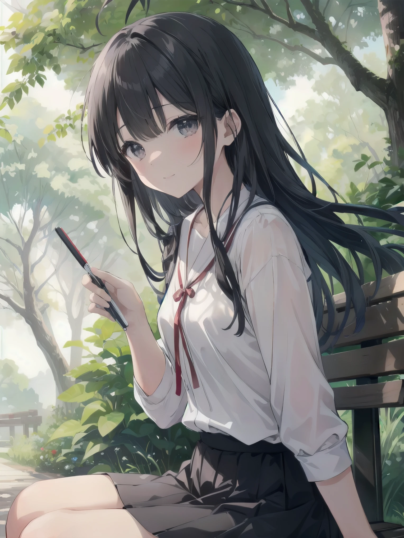 In a lush green park, a beautiful girl, Saori, was sitting on a bench with the sun shining through the trees. Her translucent eyes were sunken in deep contemplation, and in her hand was an old map and a notebook filled with scribbles.Her long, glossy black hair danced in the wind, her light red ribbons twirling in the wind. Saori, have you found any clues yet?" Yosuke, a childhood friend sitting next to her, asked anxiously, "Saori, have you found any clues yet? Saori smiled, closed her notebook, and said, "Yes, I'm almost done. But we may need to take extrajudicial measures in the future. I reply. Her eyes sparkle as if she is enjoying the challenge.
