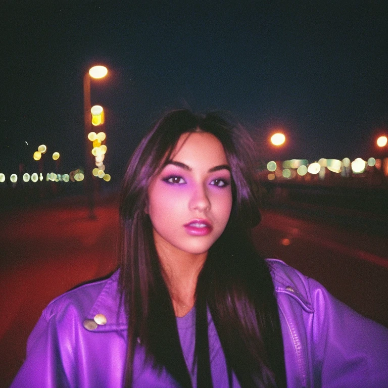 HD, high quality, city, analogic, film, nocturn, neon, lights, sexy female model, perfect face, fog, black and purple