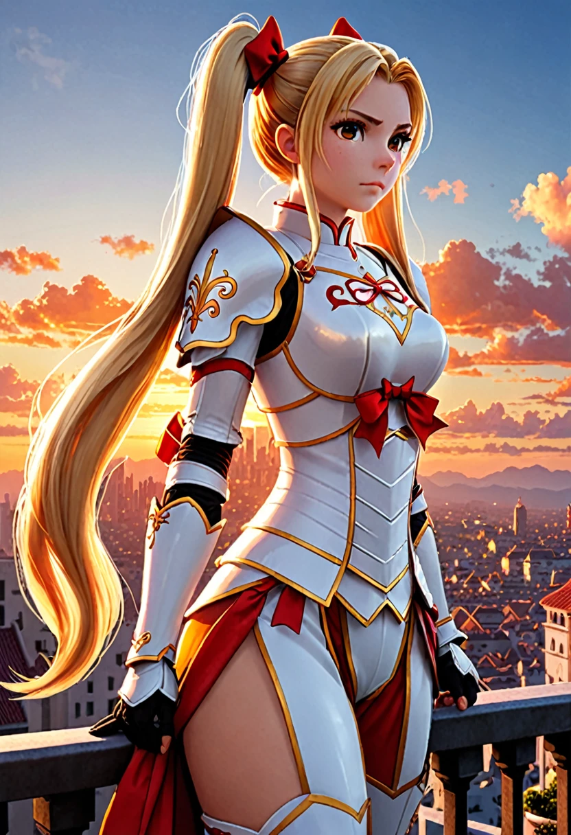 The image features an animated character with long blonde hair tied into twin tails, wearing a white and orange armor with a red bow at the neckline. She is standing on a balcony overlooking a cityscape during what appears to be either sunrise or sunset, given the warm lighting and soft clouds in the sky. The character has a serious expression on her face.