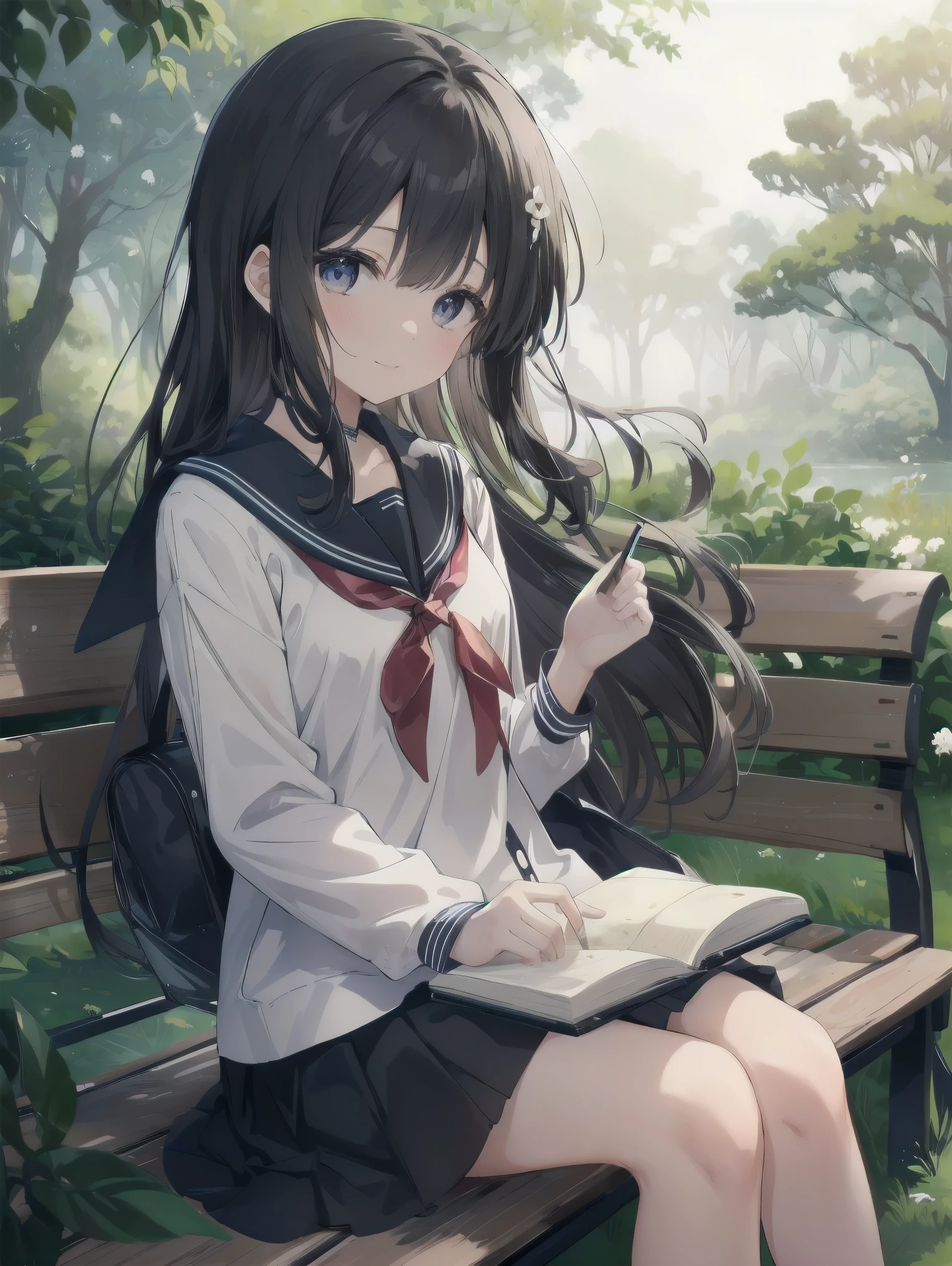 Subtitle: {{Park}} {{Sailor Suit}} {{Sitting on a bench looking at a map}}
In a lush green park, a beautiful girl, Saori, is sitting on a bench with the sun shining through the trees, wearing a sailor suit.Her clear eyes are sunken in deep contemplation, and in her hand is an old map and a notebook filled with scribbles. Her long, glossy black hair danced in the wind, her light red ribbons twirling in the wind. Saori, have you found any clues yet?" Yosuke, a childhood friend sitting next to her, asked anxiously, "Saori, have you found any clues yet? Saori smiled, closed her notebook, and said, "Yes, I'm almost done. But we may need to take extrajudicial measures in the future. I reply. There was a sparkle in her eyes, as if she was enjoying the challenge.