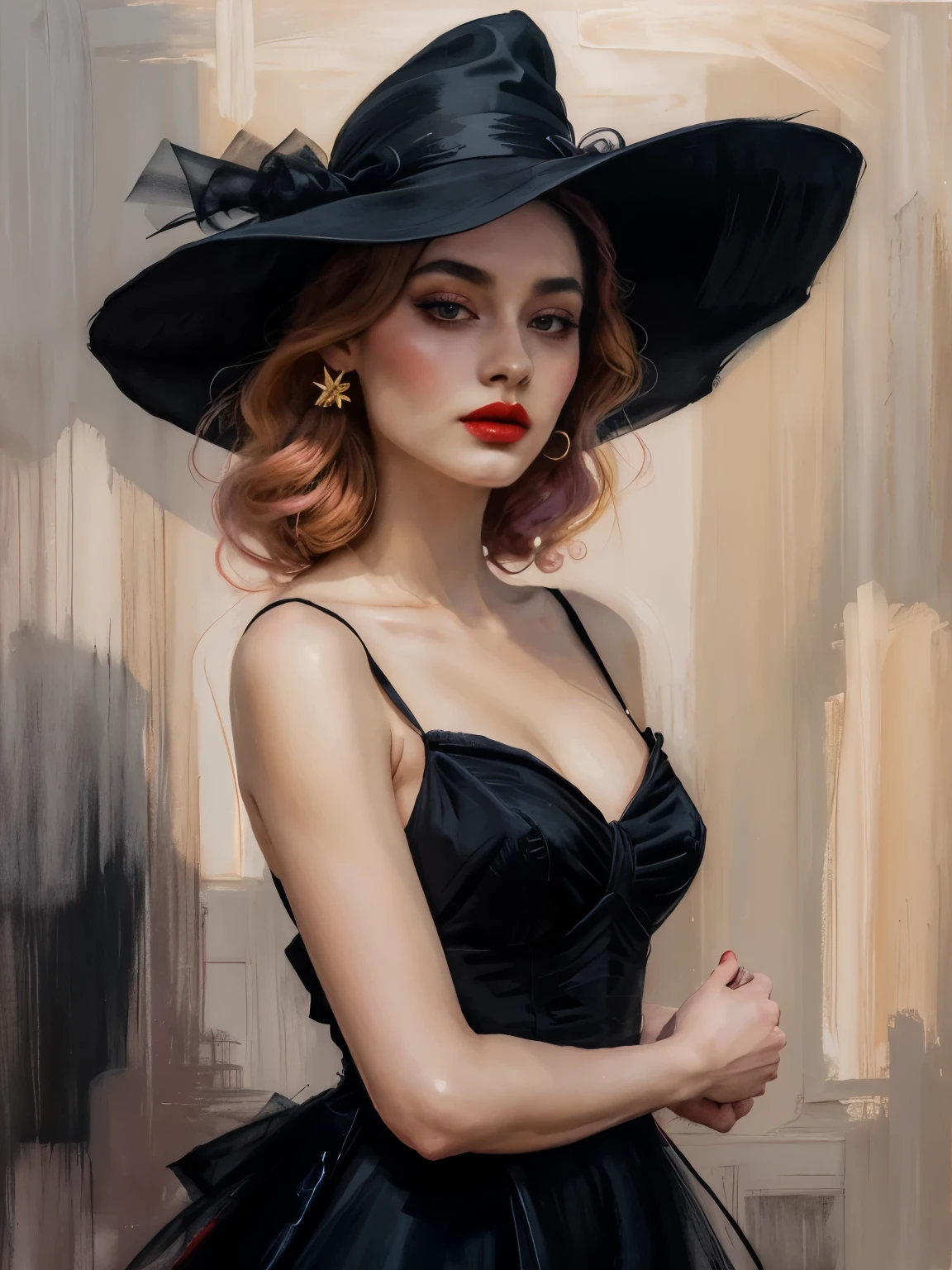 chiaroscuro technique on  illustration of an elegant , retro and vintage ,arafed woman with red lips and a black hat posing for a picture, wearing black dress and hat, sexy lips :5 stylish, sexy face with full makeup, by Wayne England, thick red lips, beautiful witch with long hair, sexy red lips, wearing black old dress and hat, mysterious glamour, matte painting, by Hannah Dale, by Harumi Hironaka, extremely soft colors, vibrant, pastel, highly detailed, digital artwork, high contrast, dramatic, refined, tonal, golden ratio