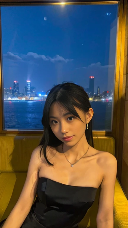 (masterpiece:1.3), (8K, realistic, Raw photo, highest quality: 1.4),(japanese women)),sexy posture,perfect your figure,look at the camera, earrings,necklace,night,Night scene,night,full moon、Tokyo cityscape. night、Night view of Yokohama from the hotel room