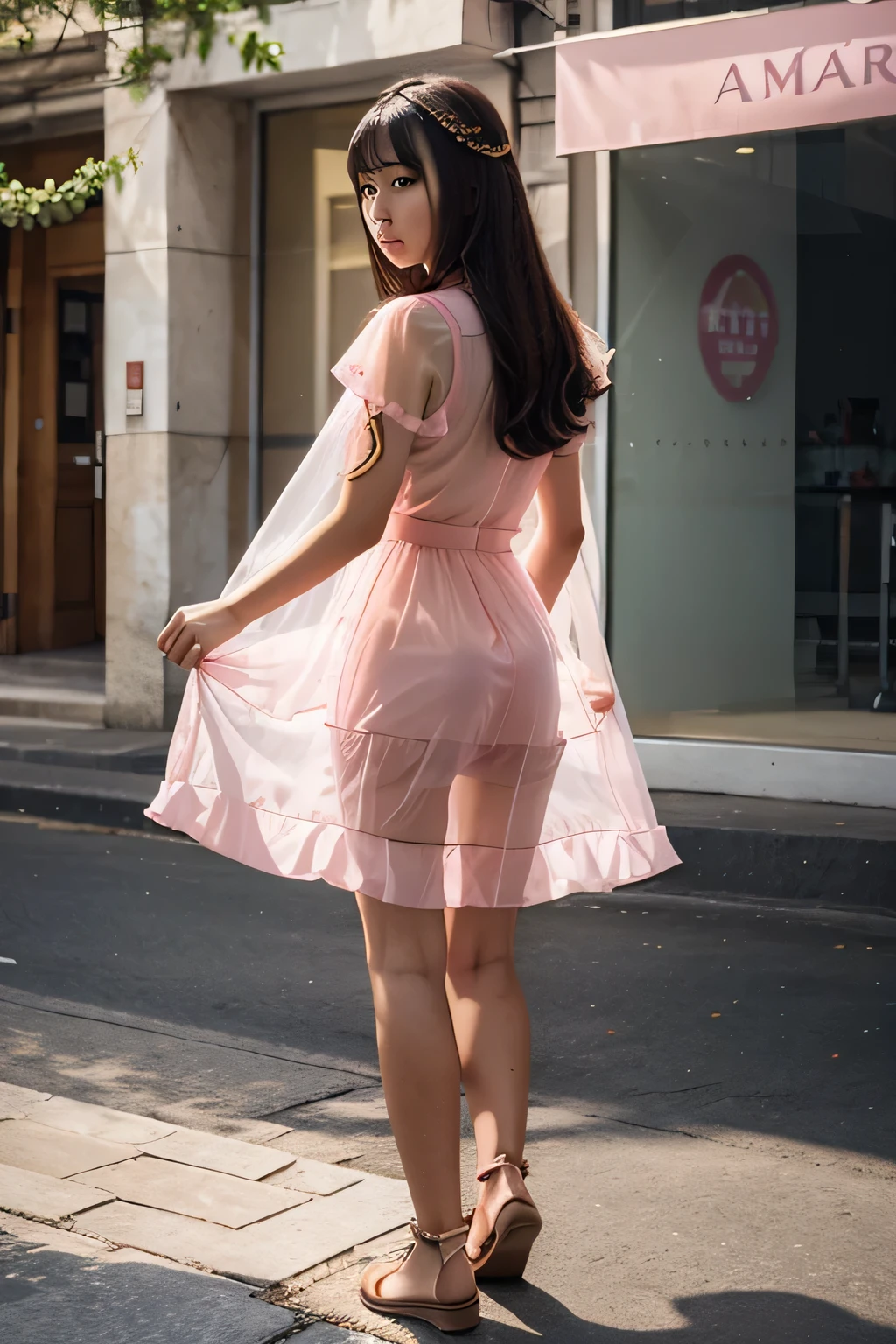 Araffe woman in a pink dress walking down a street - SeaArt AI