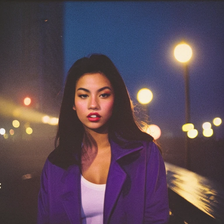 HD, high quality, city, analogic, film, nocturn, neon, lights, sexy female model, perfect face, fog, black and purple