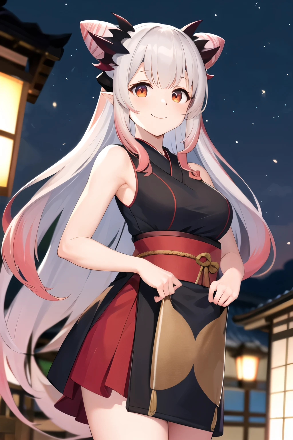 masterpiece, best quality, highres, aapatra, long hair, multicolored hair, horns, cone hair bun, pointy ears, medium breasts, japanese clothes, sleeveless, street, night, smile, standing