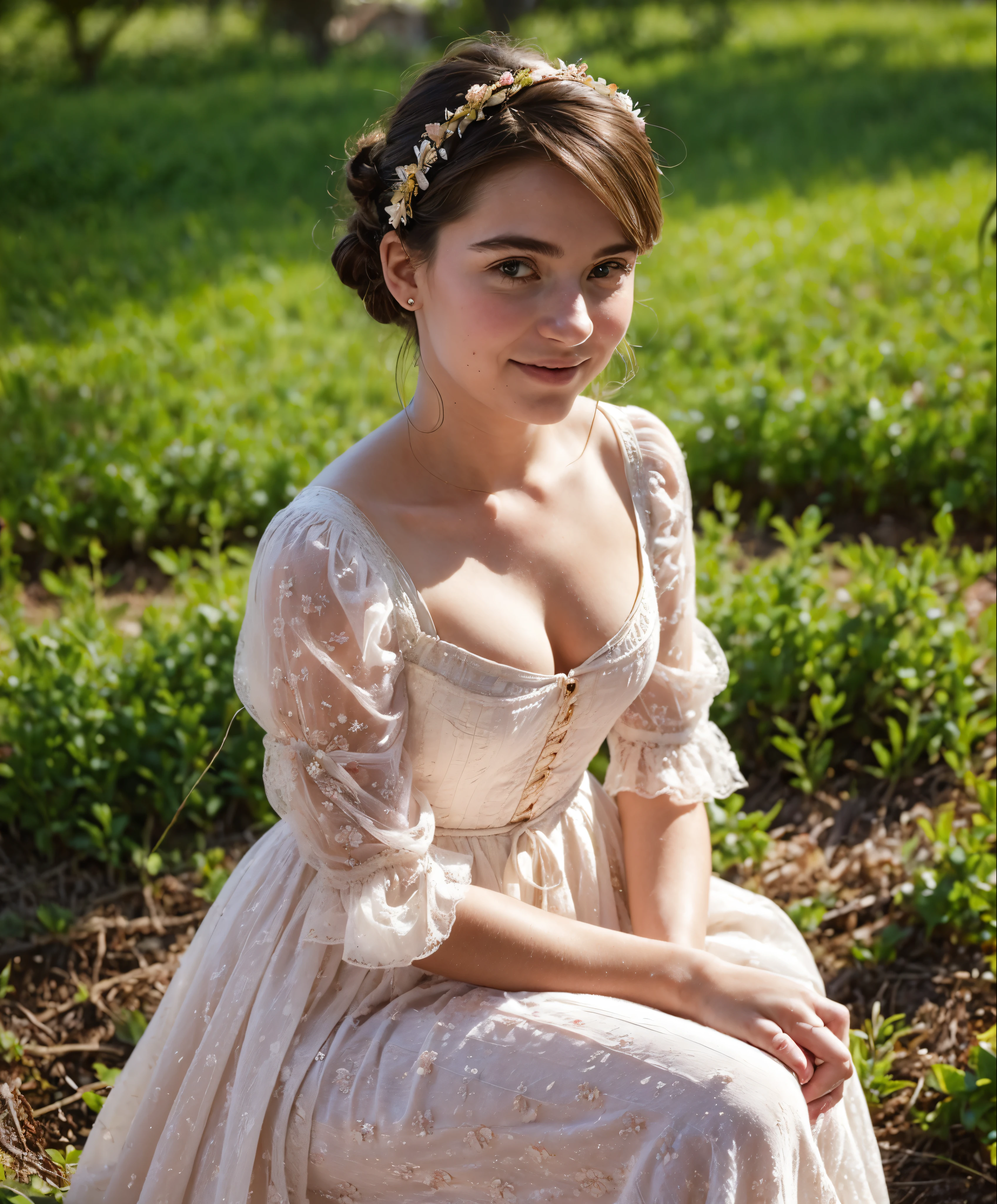 (Photorealistic:1.9), (18th century in France), Beautiful French girl wearing 18th century dress, detailed lace and ruffles, intricate floral patterns, pastel color palette, delicate accessories, elegant sitting posture, charming smile, soft natural lighting, lush garden background, blooming flowers, birds flying in the sky, gold trimmings on the dress, elaborate hairstyle with ribbons, well-defined facial features, sparkling eyes, rosy cheeks.