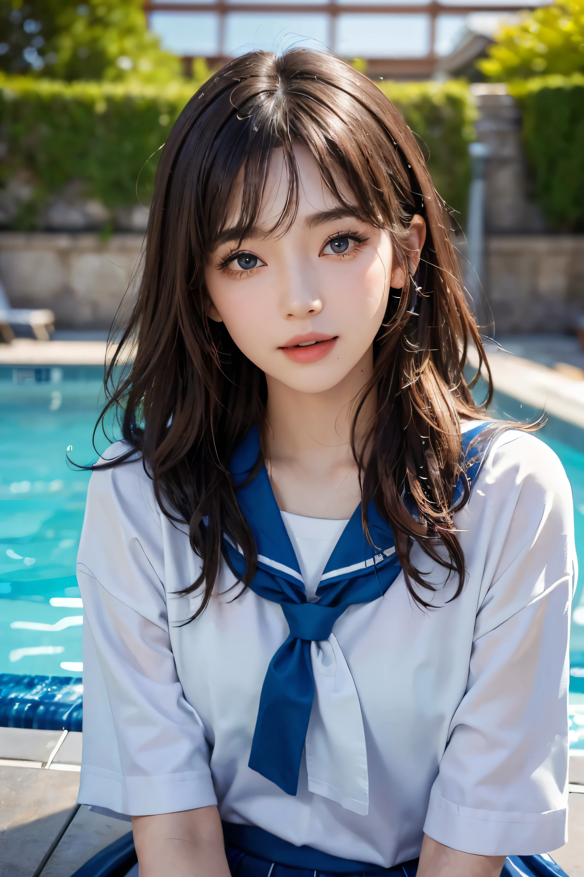 ((highest quality、8K、masterpiece:1.3))、standing、Sharp focus:1.2、(Realistic、Photorealistic:1.37)、Laughter、Woman with beautiful face、28 years old、Pointed Chest、Long eyelashes、Colored Contact Lenses、big 、Delicate、Very fine grain、Highly detailed eyebrows、(Sharp eyebrows)、(Thin eyebrows).Highly detailed face、(Brunette messy hair:1.3、From below、Detailed Background(8K、masterpiece、highest quality、Raw photo、Brunette messy hair:1.3、Sailor suit、(Japan School Pool:1.3)、(blue sky:1.4)、(sun:1.4)、(A radiant smile:1.3)、(Long skirt:1.2)、(Bend your knees and jump into the pool:1.4)