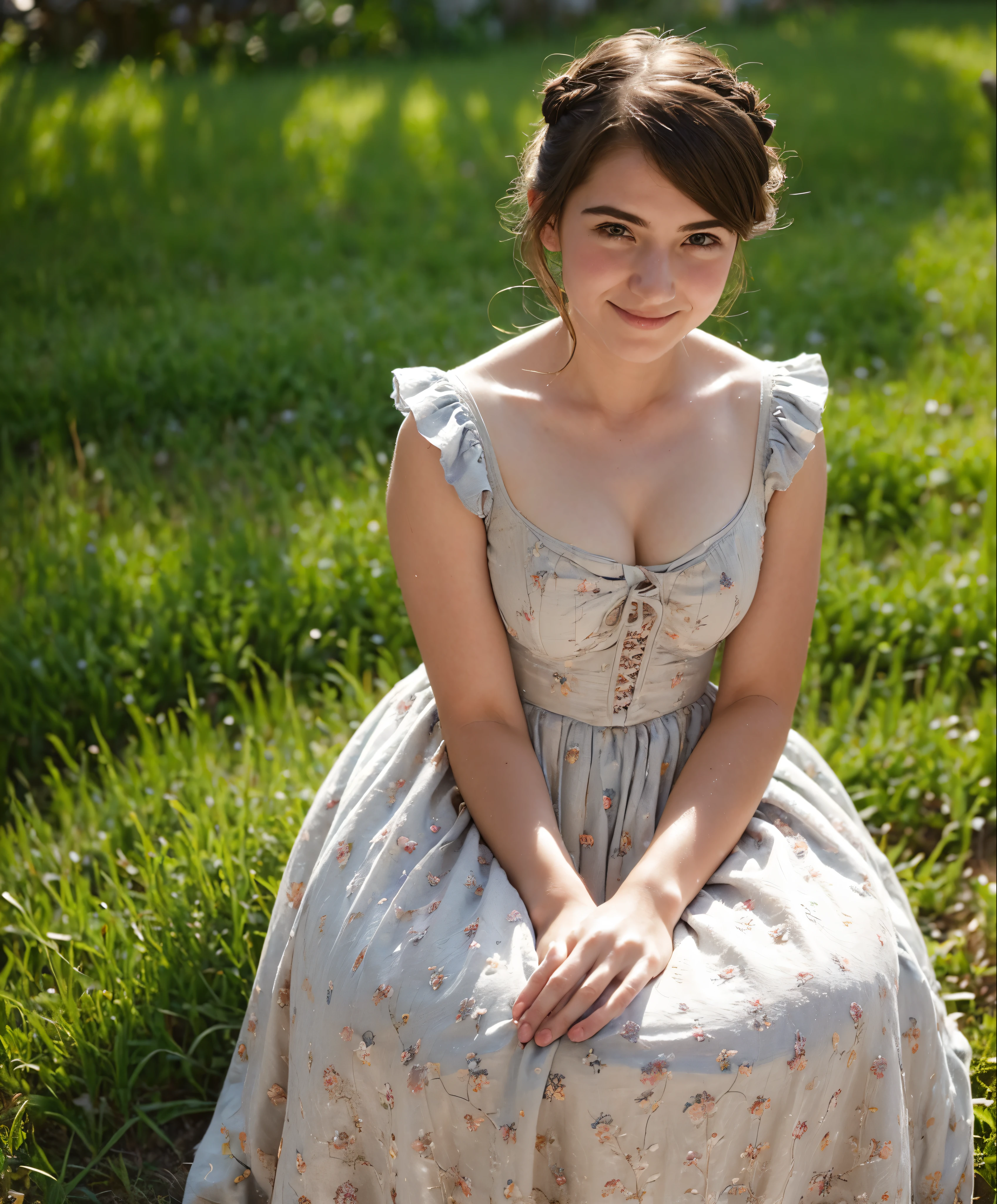 (Photorealistic:1.9), (18th century in France), Beautiful French girl wearing 18th century dress, detailed lace and ruffles, intricate floral patterns, pastel color palette, delicate accessories, elegant sitting posture, charming smile, soft natural lighting, lush garden background, blooming flowers, birds flying in the sky, gold trimmings on the dress, elaborate hairstyle with ribbons, well-defined facial features, sparkling eyes, rosy cheeks.