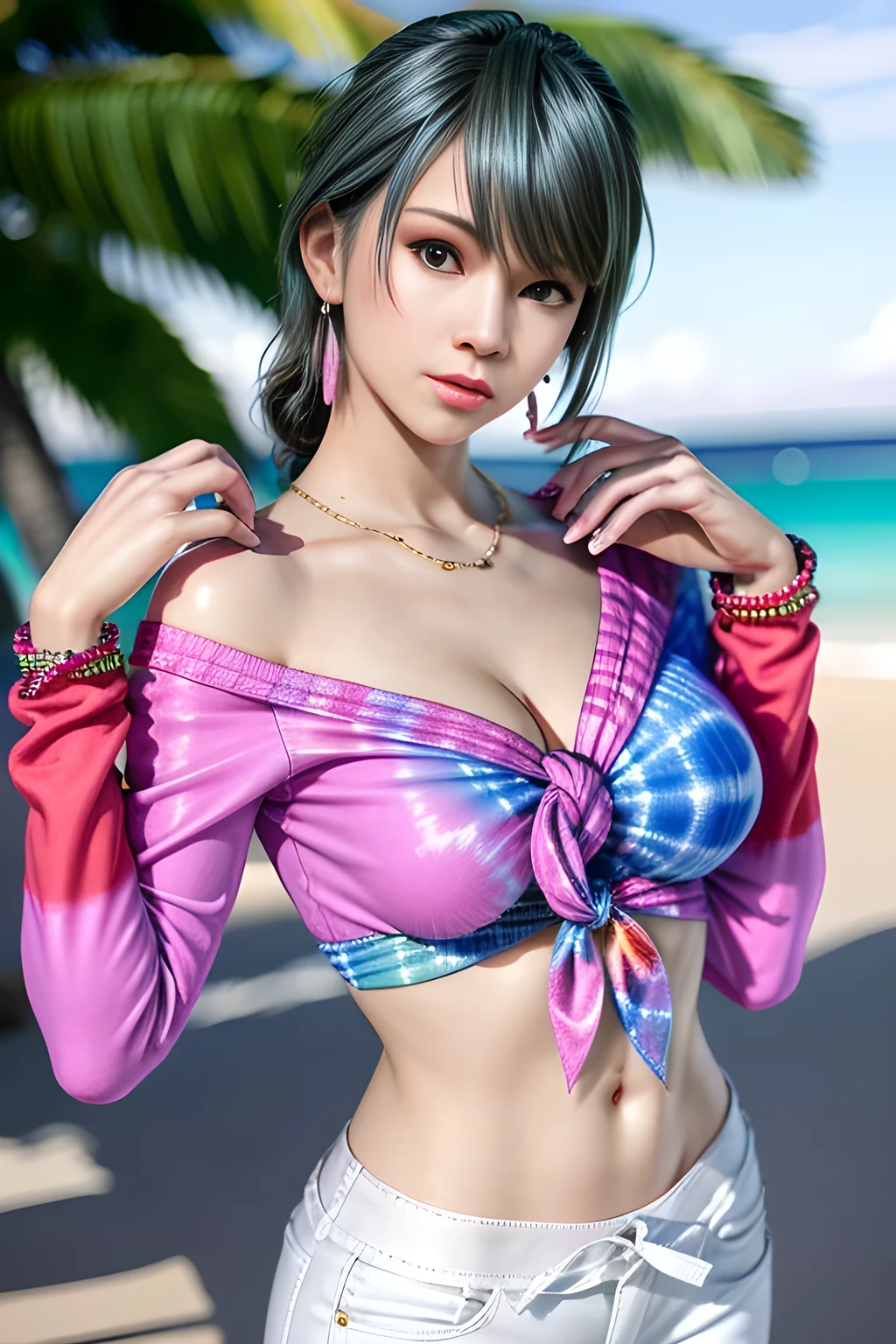 1girl, BREAK ((colorful, multicolor, vivit) theme:1.4), (a tie-dyed pattern tops with flashy colors reminiscent of a tropical vacation:1.3), (long bell sleeve knot front shirt witn tie-dyed pattern:1.5), (express gradation using many bright colors:1.3), ((bare stomach, navel):1.3), ((collarbone, emphasize cleavage):1.3),BREAK (white theme:1.2), (tight white cropped pants:1.4), BREAK (earrings:1.3), , appealing cleavage,( beautiful tattoo:1.2), overhead view, beautiful detailed eyes, beautiful detailed lips, extremely detailed eyes and face, long eyelashes, feminine charm, detailed texture, snug fit, fashionable, soft fabric, radiant skin, (best quality,4k,8k,highres,masterpiece:1.2), ultra-detailed, (realistic,photorealistic,photo-realistic:1.37), tamaki
