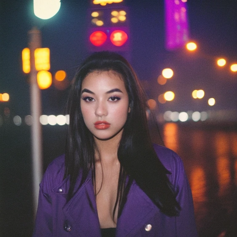 HD, high quality, city, analogic, film, nocturn, neon, lights, sexy female model, perfect face, fog, black and purple