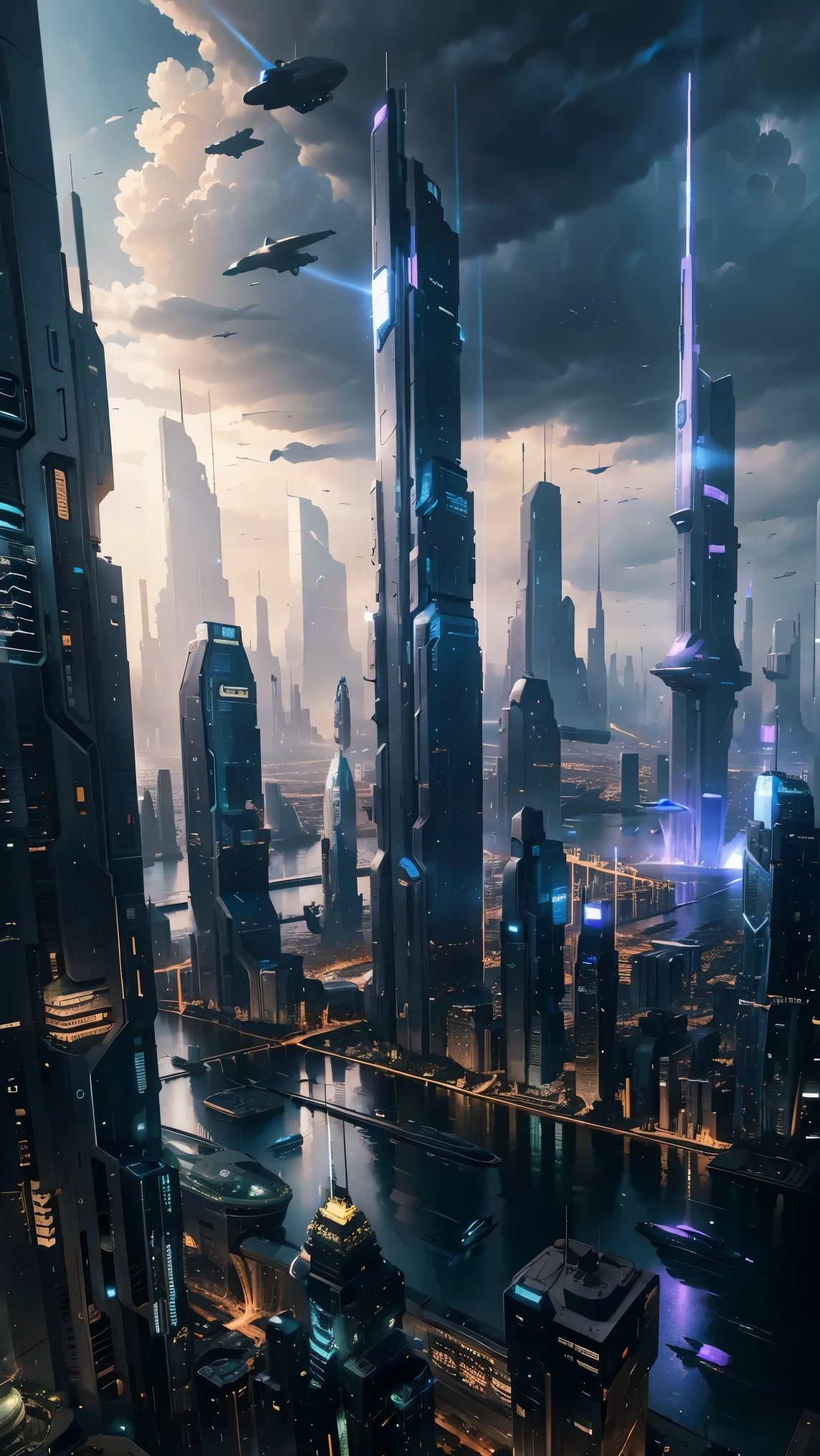 Future city seen from an airplane:1.5,thunderstorm,port,flying spaceship,skyscraper,master piece,highest quality,ultra high resolution,(Super detailed:1.2),8K,photorealistic,best aesthetic,beautiful