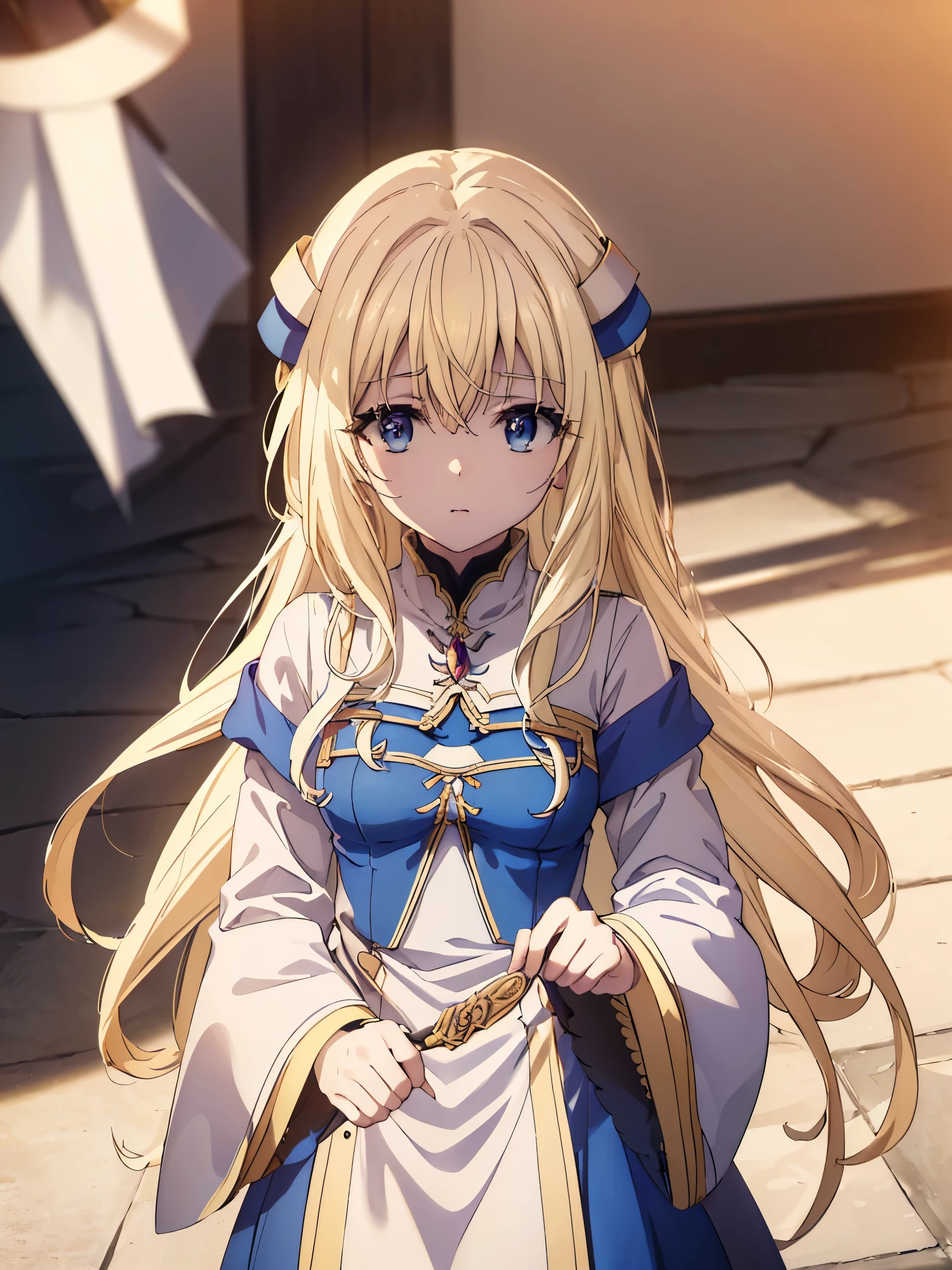 Priestessess, Priestessess, Blonde, blue eyes, Long Hair, Have, (Small breasts:1.2), break , break looking at viewer, break city, break (masterpiece:1.2), highest quality, High resolution, unity 8k wallpaper, (figure:0.8), (Beautiful fine details:1.6), Highly detailed face, Perfect lighting, Highly detailed CG, (Perfect hands, Perfect Anatomy),