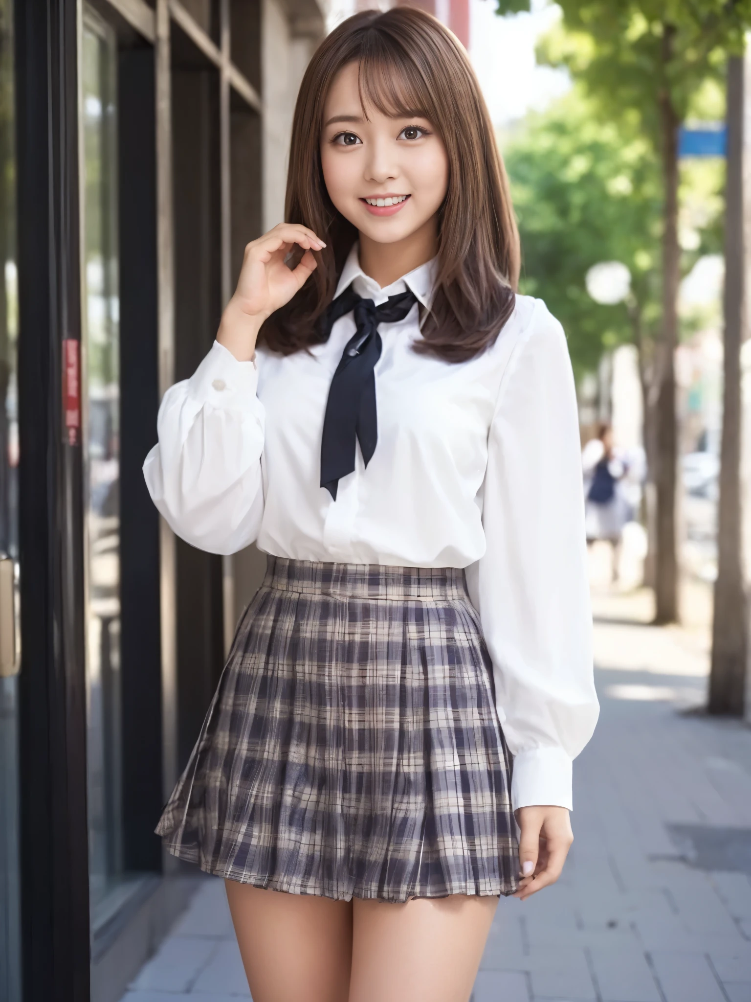 A beautiful Japanese shy girl, age 18 years old, short brown hair, brown big eyes, shiny lip, shiny hair, ecstatic expression, wearing white blouse, plaid skirt, The background is very blurry, wearing high heels, A photo showing the whole body, in school scape, 