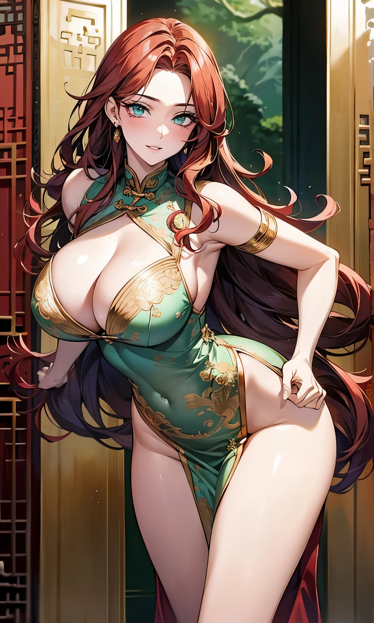 (arte: 1.2), (melhor qualidade: 1.2) 1 mulher, maduro, Alto (1.85 cm), parecia ter cerca de 18 anos, tinha longos cabelos ruivos, cabelos lisos e brilhantes, tied in a Chinese Taotist style, olhos verdes como uma safira verde, olhos extremamente detalhados, olhos perfeitos, olhos extremamente realistas, olhos bem alinhados, long eyelashes, estilo anime, rosto perfeito, maduro face, fleshy lips, sorridente, maduro, Pele clara, corpo natural , corpo sexy, maduro body, perfect hands, detailed hands, hands well proportioned to the body, Realistic hands, arms with good anatomy, she only wore a white Chinese style dress decorated in gold and silver that still couldn't hide her extremely large and huge breasts that were hanging down due to the size, coxas grossas, quadris largos, Olhando para o visualizador, cena de fundo, scene of a hall of a Chinese style pavilion, posando sozinho Olhando para o espectador