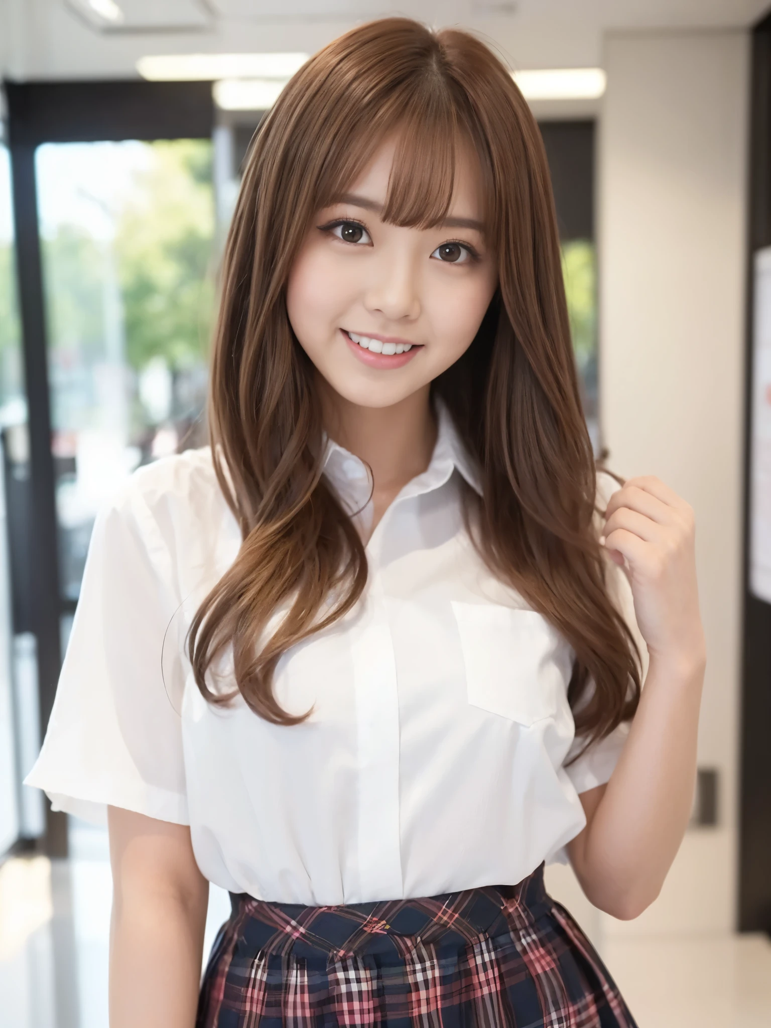 A beautiful Japanese shy girl, age 18 years old, short brown hair, brown big eyes, shiny lip, shiny hair, ecstatic expression, wearing white blouse, plaid skirt, The background is very blurry, wearing high heels, A photo showing the whole body, in school scape, 